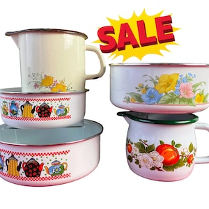 Vintage Enamelware Kitchen Set – 5-Piece Nesting Bowls & Pitchers with Colorful Florals and Teapot Motifs SALE