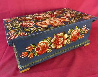 Vintage German Storage Box Blue & Red Wood Bavarian Wedding Gift Jewelry Box Bauernmalerei Handmade Folk Art Rustic Painted Floral Trinket