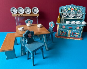 Vintage 7 pc Blue Dora Kuhn Dollhouse Miniature Furniture Dining Room Set & Accessories Blue Painted Wood China Cabinet Table Chair Germany