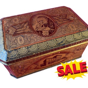 Antique Max Richter Leipzig Coffee Tin – Art Nouveau Design with Factory & Travel Scenes – German Advertising Collectible