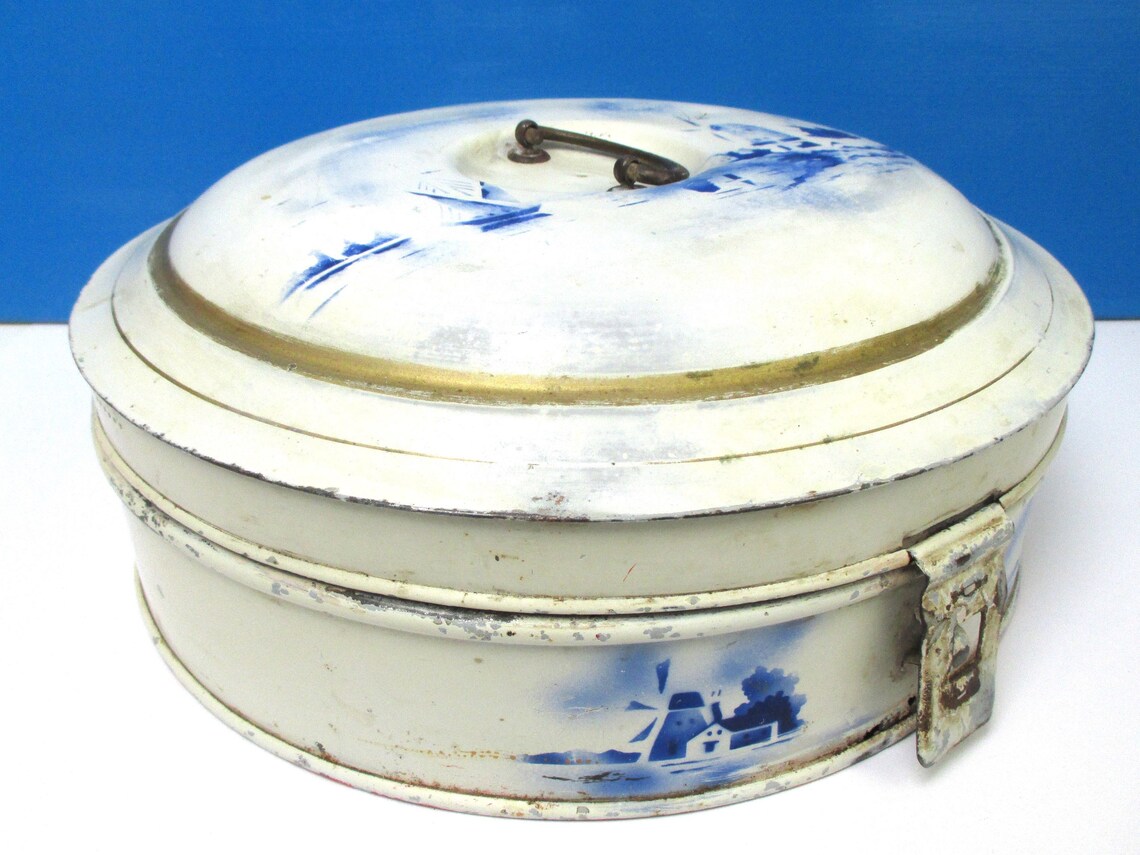 Antique Enamel Bread Box Round Tin With Handle 14 1920s Etsy