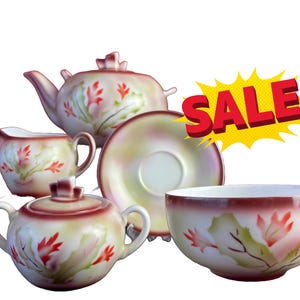 Service à thé bavarois antique en porcelaine avec motif de cactus rare - Service à café Winterling Spritzdekor des années 1930 - Vert orange rouge