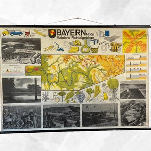 Vintage bayerische Landkarte Schulkarte Rhone Fluss Leinen Pull Down Wein Region Deutsche Landschaft Wand Kunst Eclectic Home Decor