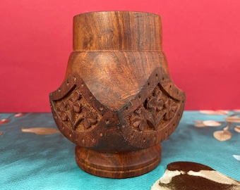 Vintage Vase Carved Wood Made in India Square Flower Vase Teacher Sister Neighbor Gift Idea Rare Sheesham Wood Boho Home Decor