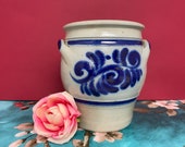 Vintage Salt Glaze Crock from Goebel 6 quot 1 Liter Two Lug Handles Collectible Stoneware Pot West Germany Blue White Gray Pottery Gift Under 25