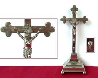 Antique Crucifix Silver Plated Memento Mori BMF German Table Cross Standing Home Altar Vintage Metal Jesus Christ Christian Decor Catholic