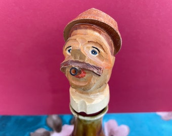 Vintage Bottle Pourer / Stopper ANRI Carved Wood Man's Face Head Barware Bar Tool with Pour Spout Handmade Moustache Hat Italy Italian