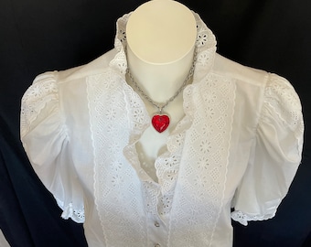Vintage Trachten Blouse Bavarian Folk Shirt for Oktoberfest Top w Lace High Collar Trachten White Bohemian Cotton Half Sleeve Top Romantic