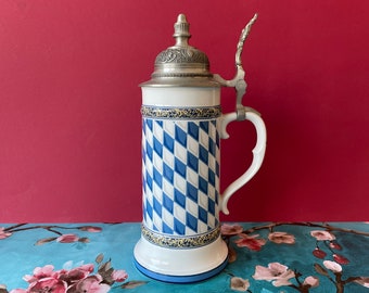 Vintage Bavarian Beer Stein Porcelain Blue White Flag Checks 1990s German Pewter Lidded Beer Mug Barware Gift 40 SEPP