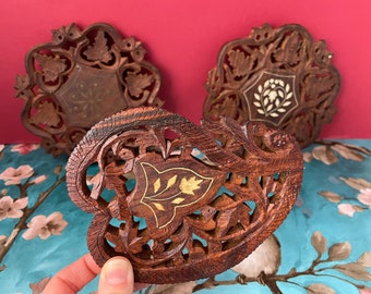 Vintage Trivet Set Paisley Carved Indian Rosewood with Inlay Handmade Serving Piece Boho Kitchen Decor Made in India Sheesham Gift Under 20