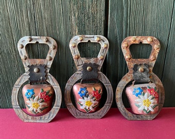 One Vintage Bottle Opener Alpine Cow Bell Gift Bavarian German Swiss Brass Cowbells Rustic Farmhouse Chalet Guy Gift Animal Bell Souvenir