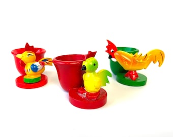 Vintage Erzgebirge Egg Cups CHOICE ONE Wood Painted Egg Holder with Chicken Rooster Bird Kitchenware Germany Farmhouse Decor