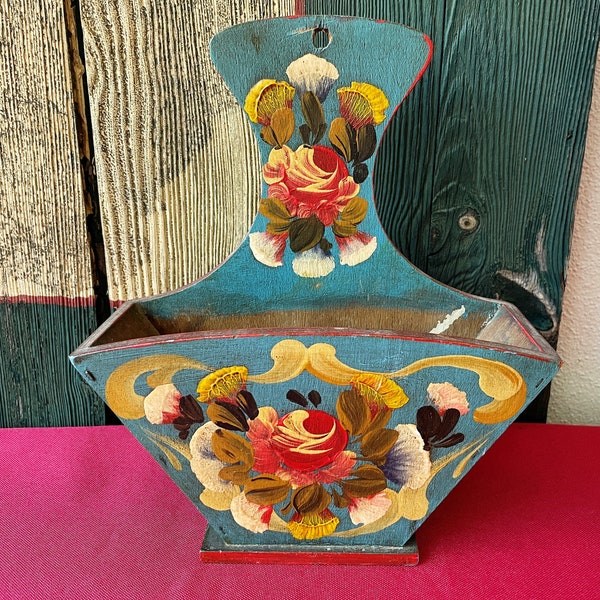 Vintage Coffee Filter Holder Wood Bavarian Folk Art Painted Mail Holder Rustic Napkin Germany Kitchen Decor Bauernmalerei Mail Stand