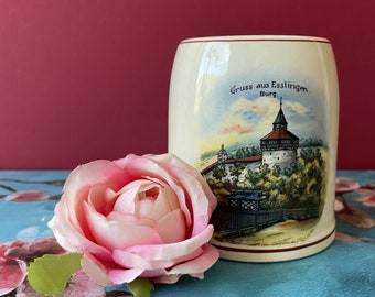 Vintage Small Beer Stein Germany Souvenir Esslingen Burg Castle Ceramic Coffee Mug Hand Painted Scene Bavarian Germany Retro Barware Gift