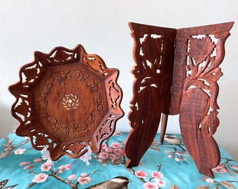 Vintage 16in Hand Carved Wood Table Wood Indoor Plant Stand Display Table Floral Design Inlays Made in India Rustic Bohemian Home Decor