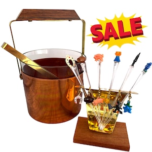 Midcentury Ice Bucket in Copper and Teak Drinks Marker Stand Set – Vintage Glass Ice Bucket with Tongs and Cocktail Picks – Bar Cart Decor