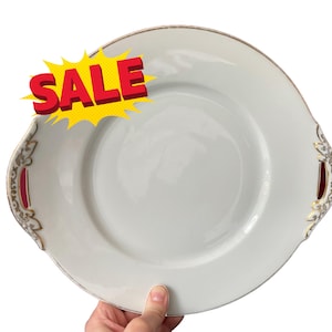 Vintage PMR Bavaria Porcelain Platter – 1920s 1930s Gold Trimmed Serving Dish with Cutout Handles – German Art Deco Cake Plate