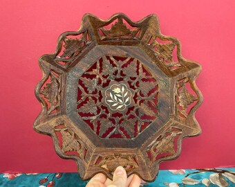 Vintage Carved Wood Tray from India with Inlay Handmade Serving Tray for Bar Boho Home Decor Made in India Sheesham Gift Under 10