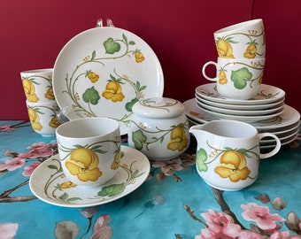 Vintage Bavarian Porcelain Coffee Service Melitta Yellow Flowers Lugano Glöckchen Tea Set for 5 Cups Saucers Sugar Creamer 1970s 1980s