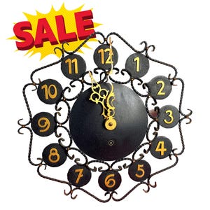 Vintage German Wall Clock – NON-WORKING, No Key – Black Iron Midcentury Modern MCM Design with Brass Numbers – Bold Retro Wall Decor
