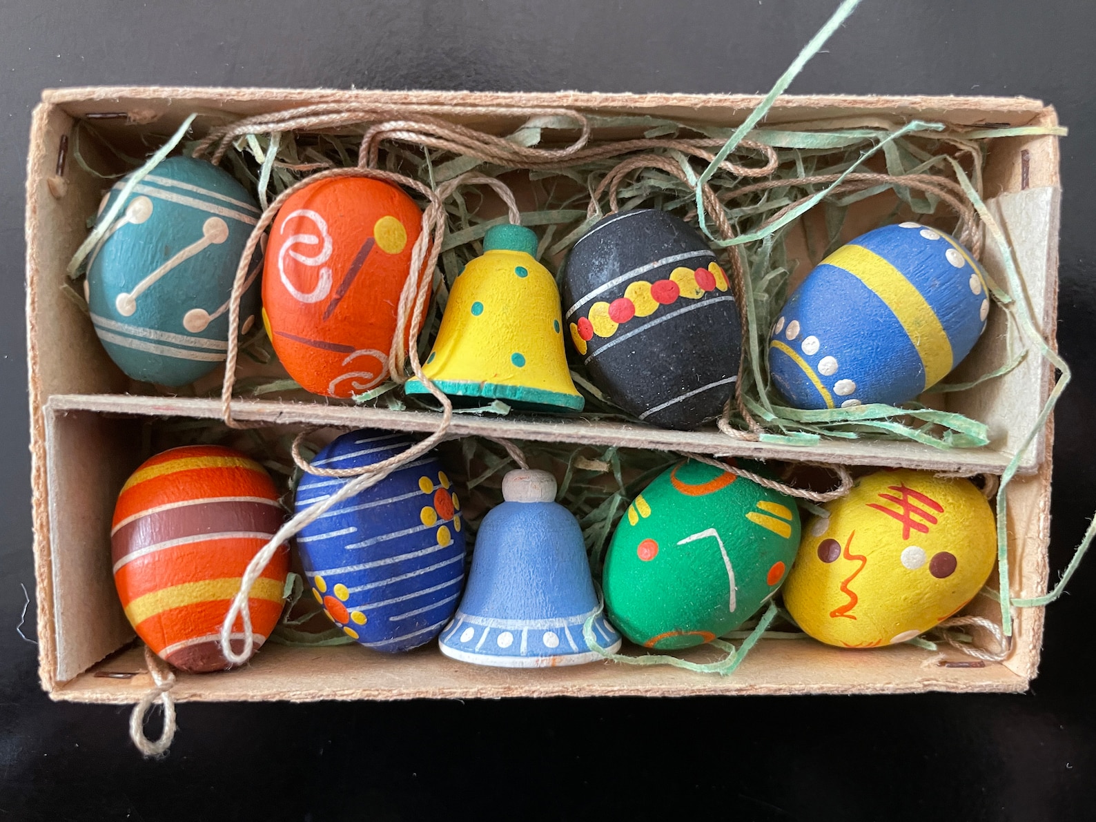 Vintage 10 Erzgebirge Easter Ornaments in Paper Box Egg & Bell Rare Hanging Easter Decorations Set Painted Wooden Egg Handmade Rustic Spring