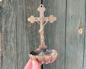 Vintage Holy Water Font with Crucifix & Shell Wall Hanging Stoup Silver Metal Catholic Gift Idea Religious Home Altar Jesus Cross Wall Art