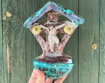 Vintage Holy Water Font Wegkreuz Ceramic Crucifix German Wall Hanging Stoup Catholic Gift Idea Religious Home Altar Jesus Wall Art