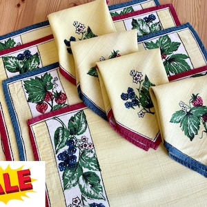 Vintage Berry Print Placemats & Napkins Set – Red and Blue Borders on Butter Yellow – 8 Piece Cotton Table Decor SALE