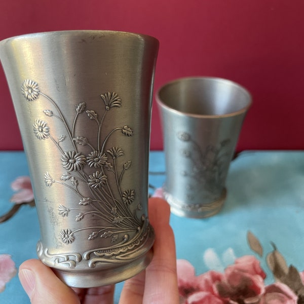 Vintage Pewter Tumblers with Art Nouveau Design 2 Set German Zinn Cups Drinking Glasses Retro Barware Gift Jugendstil Frieling Tin Y2K 1990s