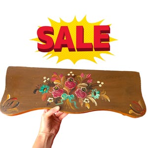 Wood Wall Shelf with Bauernmalerei – Vintage Hand Painted Bavarian Folk Art – Two Tier Display Storage from Germany SALE