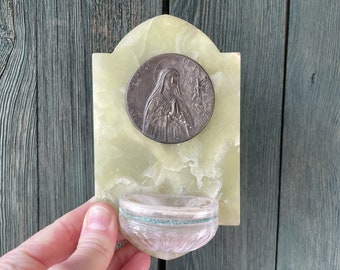 Antique French Onyx Marble Holy Water Font St Theresa Lisieux Little Flower Wall Hanging Stoup Vintage Catholic Gift Religious Altar Decor