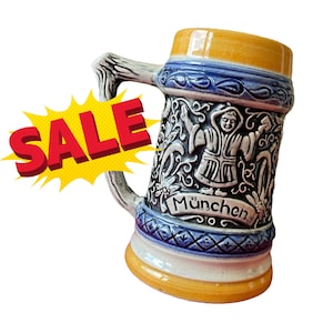 Vintage Münchner Bierkrug – Handbemalter 0,5L Becher mit Münchner Kindl – Blau & Gelber Bierkrug Oktoberfest Dekoration SALE