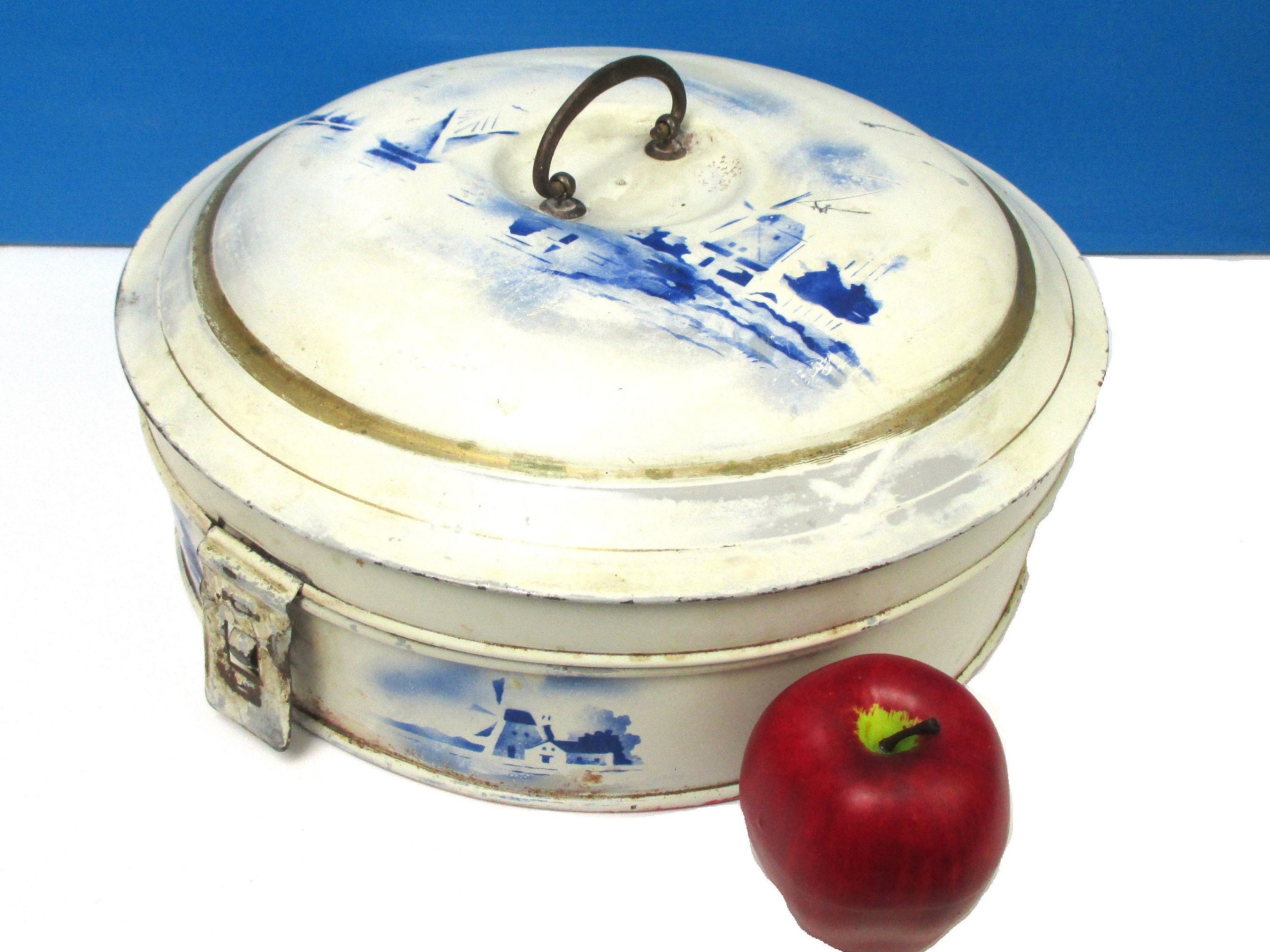 Antique Enamel Bread Box Round Tin With Handle 14 1920s Etsy