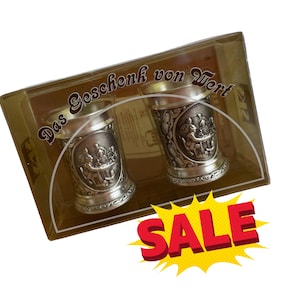 SKS Pewter Shot Glasses – Set of 2 with Tavern Scene Relief – German Zinn Cups in Original Box – Collectible Barware Gift