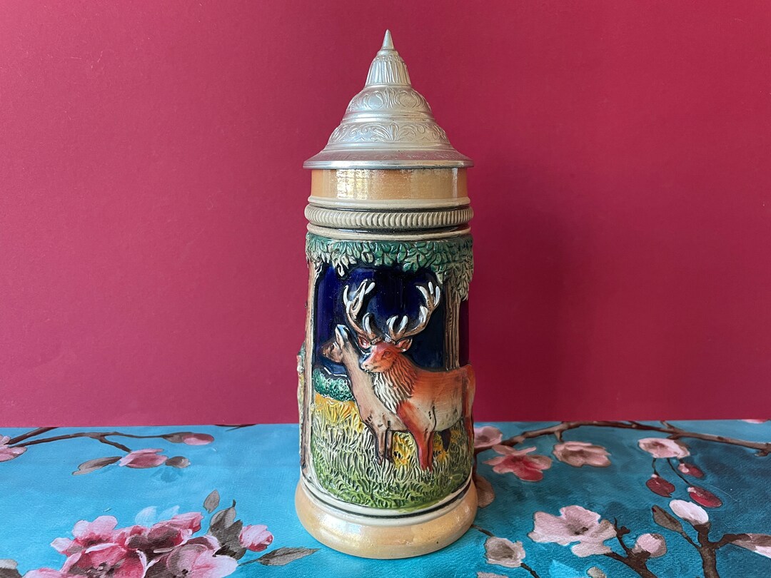 Farm HELP Vintage Bavarian Beer Stein With Deer Pewter Lid Hunting