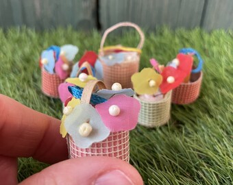 Vintage Mini Flower Baskets for Dollhouse or Spring Ornaments Set 6 Miniature 1960s Erzgebirge Hanging Easter Baskets Germany