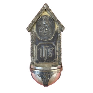 Antique Art Nouveau Holy Water Font Virgin Mary Metal Wall Hanging Stoup Catholic Gift Idea Religious Jugendstil Wall Art image 8