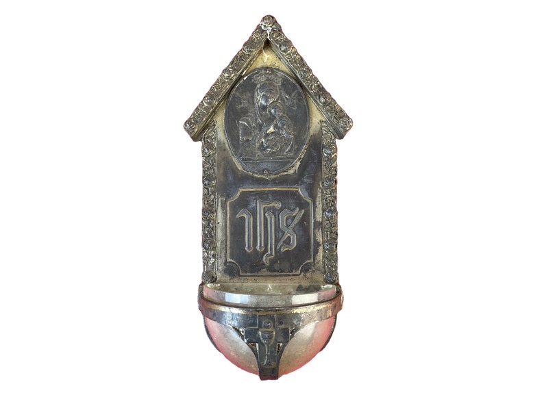 Antique Art Nouveau Holy Water Font Virgin Mary Metal Wall Hanging Stoup Catholic Gift Idea Religious Jugendstil Wall Art image 8