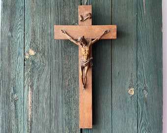 Vintage Bavarian Wood Crucifix German Christian Wall Hanging Jesus Christ Handmade Folk Art Herrgottswinkel