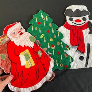 Vintage Quilted Christmas Applique Set – Extra Large Handmade Fabric Patches – Santa Claus, Snowman & German Ornament Tree