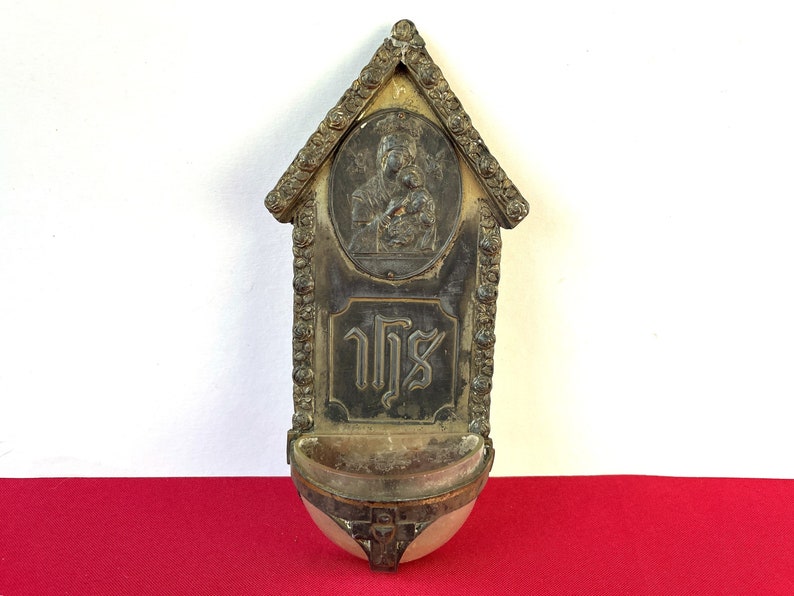 Antique Art Nouveau Holy Water Font Virgin Mary Metal Wall Hanging Stoup Catholic Gift Idea Religious Jugendstil Wall Art image 1