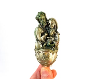 Vintage Holy Water Font with Holy Family Jesus Virgin Mary Joseph Wall Hanging Stoup Catholic Gift Religious Home Altar Silver Metal