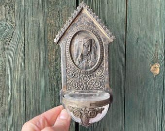 Antique Art Nouveau Holy Water Font Virgin Mary Metal Wall Hanging Stoup Catholic Gift Idea Religious Jugendstil Wall Art