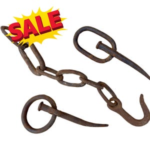 𝐒𝐡𝐨𝐩 𝐂𝐥𝐨𝐬𝐢𝐧𝐠 - Antique Forged Iron Chain with Hook and Spike: Rustic Farm Tool Relic