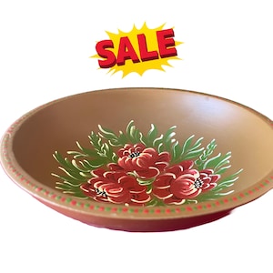 Vintage Bauernmalerei Bowl – Hand Painted German Folk Art – Red Floral Toleware on Wood – Rustic Wall or Table Decor – 8.75&quot; Bavarian Bowl