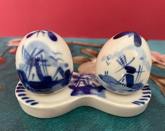 Vintage Delftware Salt Pepper Shakers Set on Holder Coaster Blue & White Pottery Table Decor Dutch Country Kitchen Windmill Floral