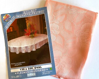 Vintage Pink Damask Tablecloth Salmon Oval 51 x 86 inch Stain Resistant Polyester New in Original Package NOS 1990s Decor