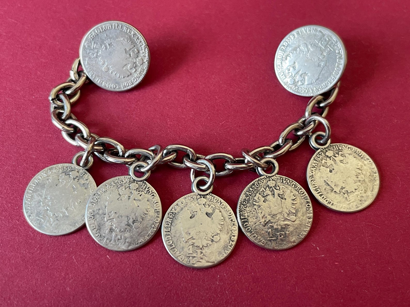 Vintage Charivari Silver Coin Charm Chain with Austrian 1/4 Florans for Oktoberfest Men Women Jewelry Trachten Accessory Dirndl Lederhosen