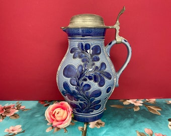 Vintage Salt Glaze 1/2 Gal. Decanter Wine Pitcher Pewter Lid Marzi & Remy Stoneware 2L Carafe Jug Blue Ceramic Germany 1970 Barware Service