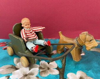 Vintage Mini Stroller with Doll & Dog Midcentury Kids Push Cart German Baby Buggy Dollhouse Miniature Carriage Pram Furniture 12 in Scale